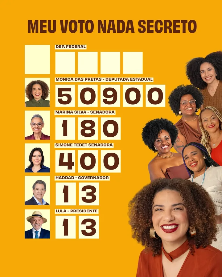 Colinha de votação com o campo de deputado federal em branco para preencher, Monica das Pretas 50900 para deputada estadual, Marina Silva 180 e Simone Tebet 400 para o Senado, Haddad 13 para governador e Lula 13 para presidente.